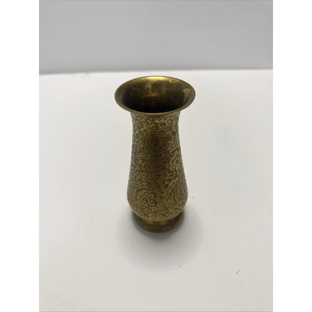 Vintage mini etched Brass Vase Small Bud Holder 6